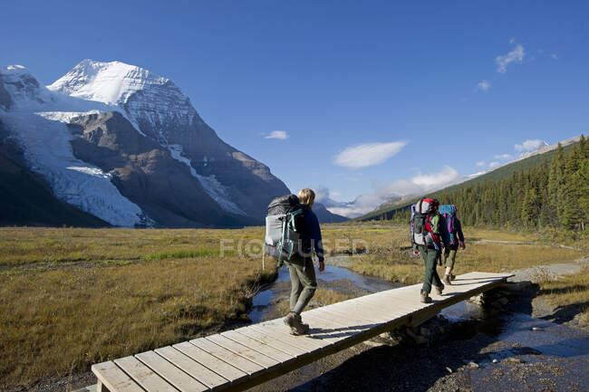 Una familia joven camina por el sistema de senderos Robson con el glaciar Berg y el monte Robson en el fondo, justo al norte de Valemount, en la región Thompson Okanagan, Columbia Británica, Canadá - foto de stock