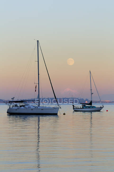 Luna piena sopra le barche a vela a Mill Bay, Vancouver Island, British Columbia, Canada — Foto stock