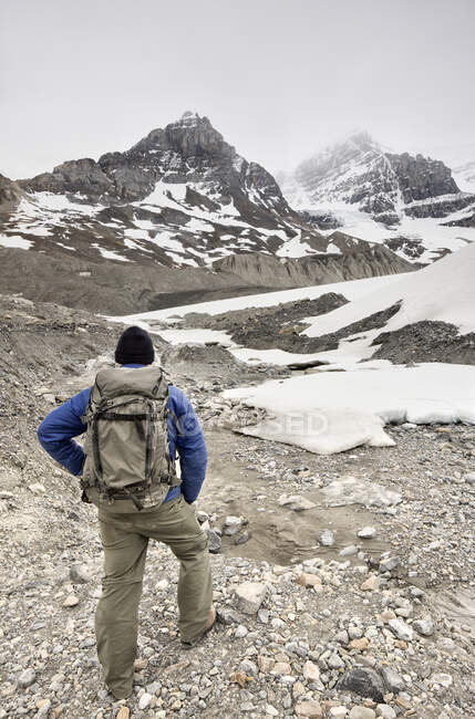 Hiker at Columbia Icefields, Jasper National Park, ALberta, Canada — Stock Photo