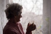 Seniorin steht zu Hause am Fenster — Stockfoto