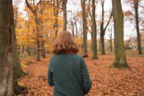 Visão traseira da mulher andando sozinha no parque durante o outono — Fotografia de Stock
