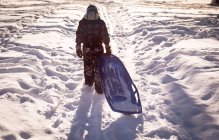 Vue arrière de la jeune fille marchant avec traîneau dans la neige pendant l'hiver — Photo de stock
