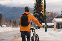 Вид сзади на человека, идущего с велосипедом по тротуару зимой — стоковое фото