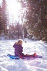Симпатичная девушка играет в санях зимой. — стоковое фото