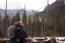 Ragionevole donna anziana in piedi con zaino e palo da trekking durante l'inverno — Foto stock