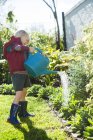 Мальчик поливает растения в саду в солнечный день — стоковое фото