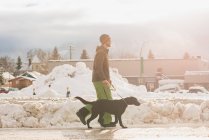 Чоловік ходить зі своїм собакою на тротуарі взимку — стокове фото
