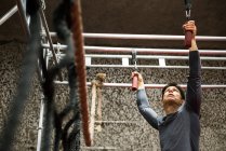 Мускулистый мужчина тренируется на обезьяньем баре в фитнес-студии — стоковое фото