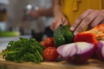 Sezione media della donna che taglia le verdure in cucina a casa — Foto stock