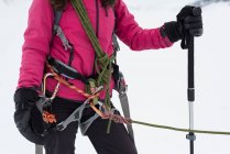 Parte central do montanhista fêmea em pé com arnês e corda na região nevada — Fotografia de Stock