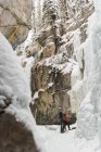 Pareja de pie juntos cerca de la montaña rocosa durante el invierno - foto de stock