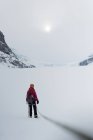 Vue arrière de l'alpiniste femelle debout avec sac à dos sur une montagne maintenant couverte pendant l'hiver — Photo de stock