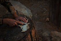 Чоловік ріже хутро тварин з ножем на пні на дереві в лісі — стокове фото