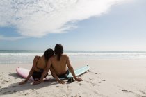 Вид ззаду пари серферів, що розслабляються на пляжі — стокове фото