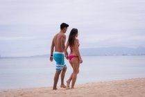 Romantic couple walking hand in hand at beach — Stock Photo