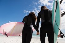 Vista trasera de una pareja de surfistas tomados de la mano en la playa - foto de stock