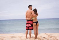 Vista trasera de la pareja abrazándose en la playa - foto de stock
