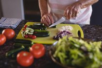 Seniorin schneidet zu Hause Gemüse in der Küche — Stockfoto