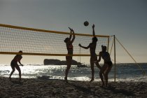 Силуэт женщин-волейболистов, играющих в волейбол на пляже — стоковое фото