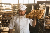 Чоловічий пекар, що тримає лоток запечених солодких продуктів у хлібопекарні — стокове фото