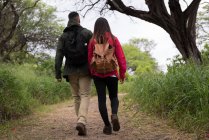 Visão traseira do casal caminhando juntos em um caminho no campo — Fotografia de Stock