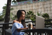 Sonriendo hermosa mujer usando el ordenador portátil en la cafetería - foto de stock