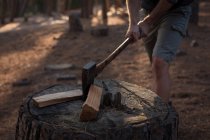 Mid section of lumberjack cutting firewood logs with axe in forest — Stock Photo
