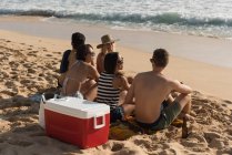 Groupe d'amis interagissant les uns avec les autres sur la plage par une journée ensoleillée — Photo de stock