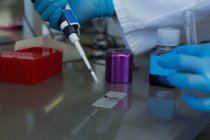 Solución de pipeteo científico en la lámina de vidrio en el laboratorio - foto de stock