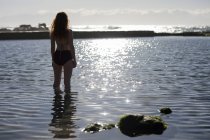 Vista posteriore della donna in piedi in mare in una giornata di sole — Foto stock