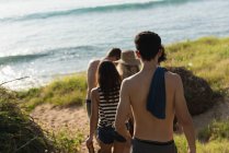 Gruppo di amici che passeggiano in spiaggia in una giornata di sole — Foto stock