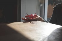 Mujer mostrando origami en la mano en casa - foto de stock
