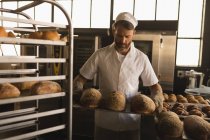 Мужчина-пекарь держит в булочной поднос с хлебом — стоковое фото