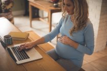Mulher grávida bonita usando laptop em casa — Fotografia de Stock