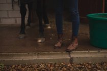 Baixa seção de menina com cavalo de pé no rancho — Fotografia de Stock