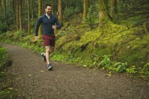 Adatto all'uomo che fa jogging in una foresta lussureggiante — Foto stock