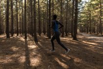 Решительная спортсменка, бегущая в лесу — стоковое фото