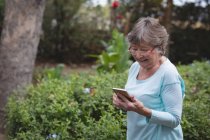 Mujer mayor usando un teléfono móvil en el patio trasero - foto de stock