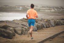 Rear view of man jogging on boardwalk at beach — Stock Photo