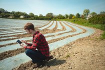 Mann mit digitalem Tablet an sonnigem Tag auf dem Feld — Stockfoto