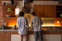 Задний вид на пару, готовящую еду вместе на кухне дома — стоковое фото
