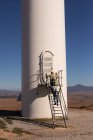 Ingenieros subiendo una escalera en un molino de viento en un parque eólico - foto de stock