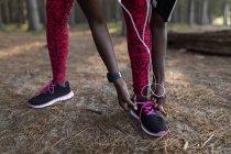 Baixa seção de atleta feminina amarrando seu laço de sapato na floresta — Fotografia de Stock
