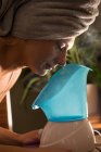 Pregnant woman using spa steam inhaler — Stock Photo