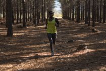 Atleta feminina determinada correndo na floresta — Fotografia de Stock