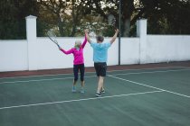 Heureux couple de personnes âgées acclamant sur le court de tennis — Photo de stock