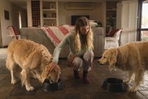 Teenage girl feeding her dogs at home — Stock Photo