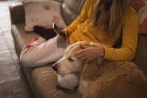 Дівчина з собакою використовує мобільний телефон у вітальні вдома — стокове фото