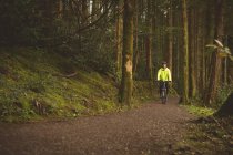 Jovem pedalando na floresta — Fotografia de Stock