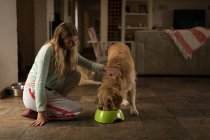 Дівчина-підліток годує свого собаку вдома — стокове фото